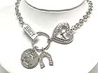 Wholesale Costume Jewelry - WHITE GOLD PLATING DESIGNER INSPIRED CRYSTAL HORSE SHOE AND ROUND DISK DANGLE TOGGLE NECKLACE