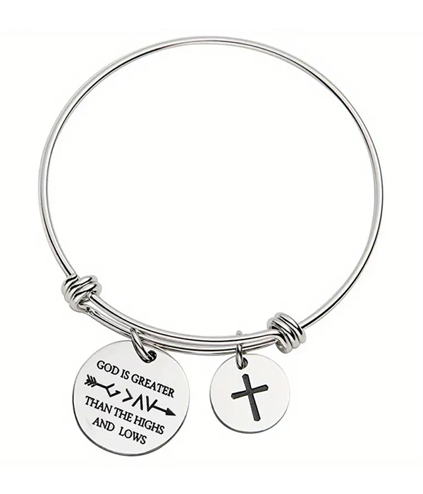 RELIGIOUS INSPIRATION MESSAGE WIRE BANGLE BRACELET - GOD IS GREAER THAN THE HIGHS AND LOWS