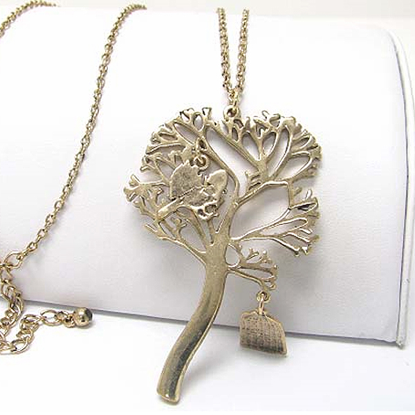 SINGING BRID IN TREE PENDANT LONG NECKLACE