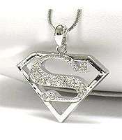 WHITE GOLD PLATING CRYSTAL SUPERMAN SYMBOL NECKLACE