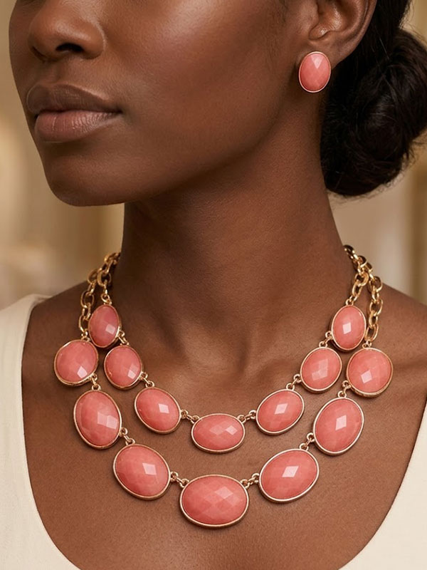 Multi oval stone link double chain drop necklace earring set