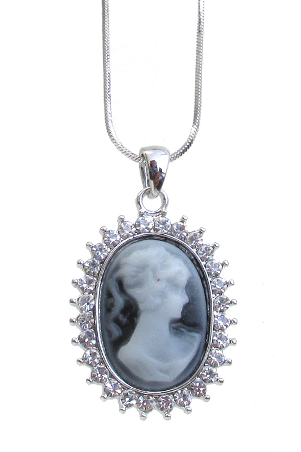 Made in korea whitegold plating crystal frame cameo pendant necklace