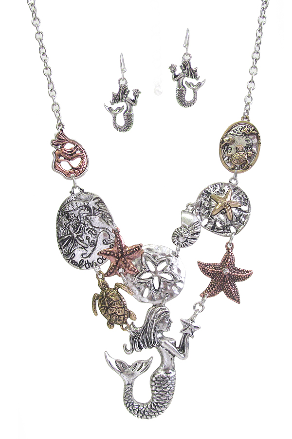 Sealife theme mermaid and turtle bib necklace set