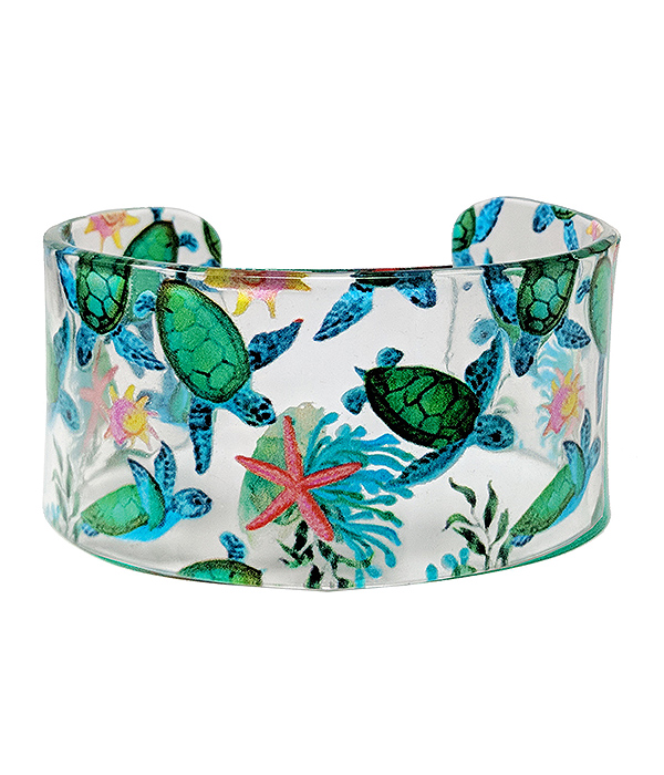 Sealife theme transparent acrylic wide bangle bracelet - turtle