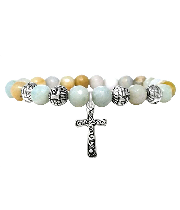Religious inspiration cross charm and semi precious stone stretch bracelet