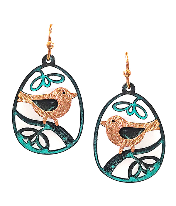 Scratch metal patina bird and flower earring - brass metal