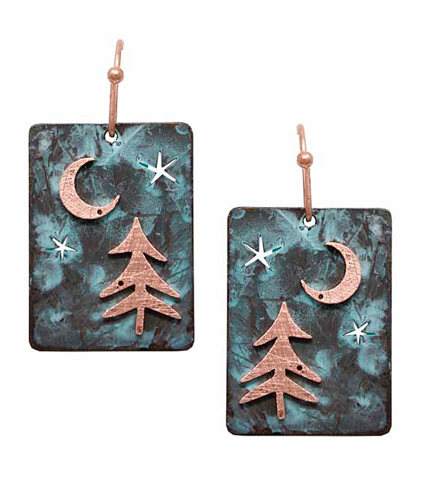 Patina moon and tree earring
