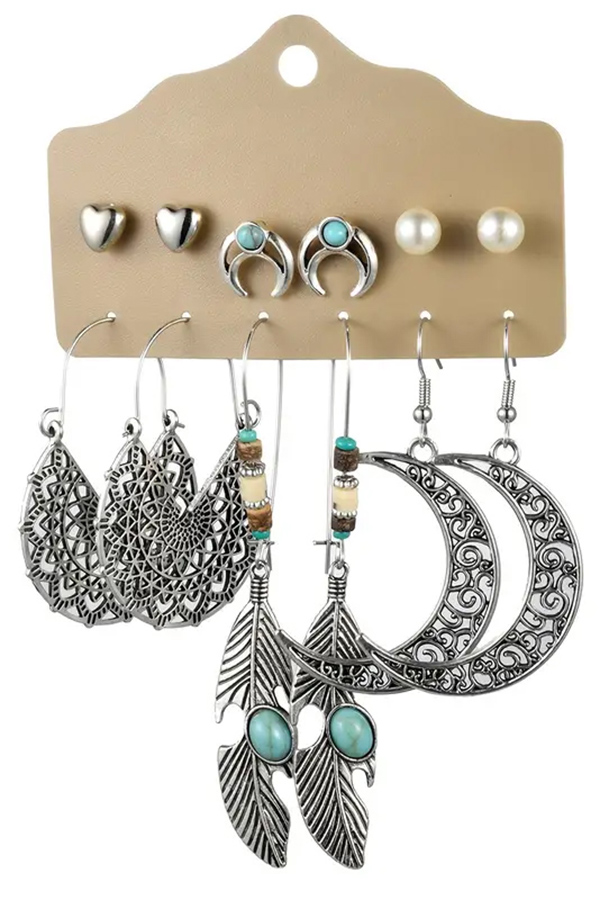 6 pair retro style mix earrings - feather & moon