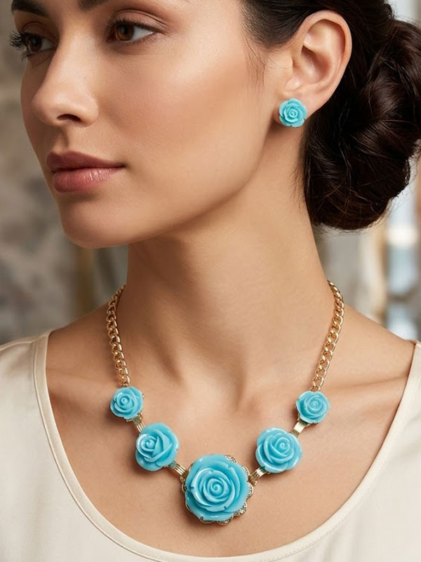 Multi acrylic rose link nekclace earring set