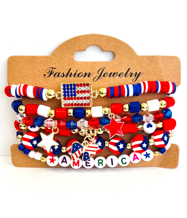 Patriotic theme american flag multi stretch bracelet set