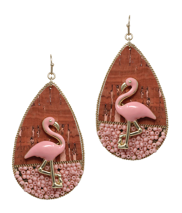 Flamingo on cork teardrop earring