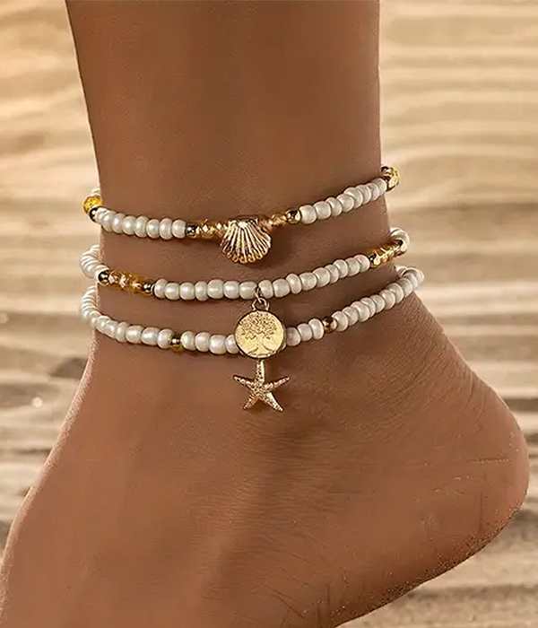 Sealife theme 3 piece stretch anklet set - starfish shell