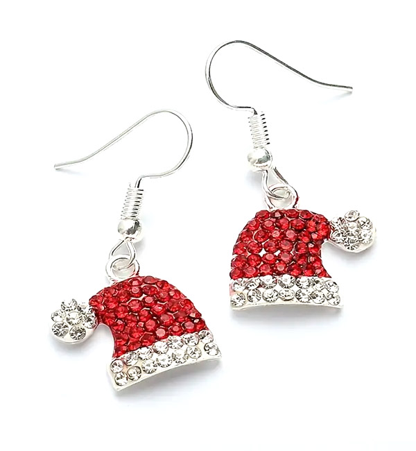 Santa hat earrings with red and white rhinestones