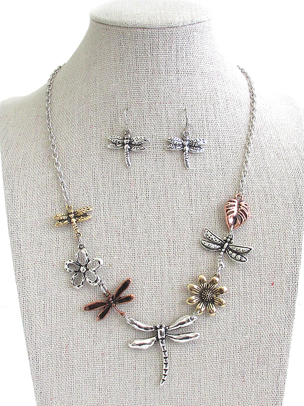 Garden theme multi charm link necklace set - dragonfly and flower