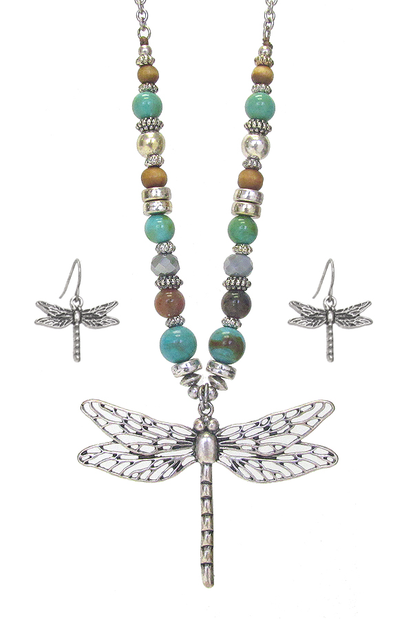 Metal filigree dragonfly pendant and multi bead chain necklace set