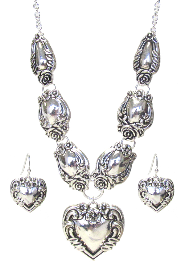 Silver utensil inspired necklace set - heart