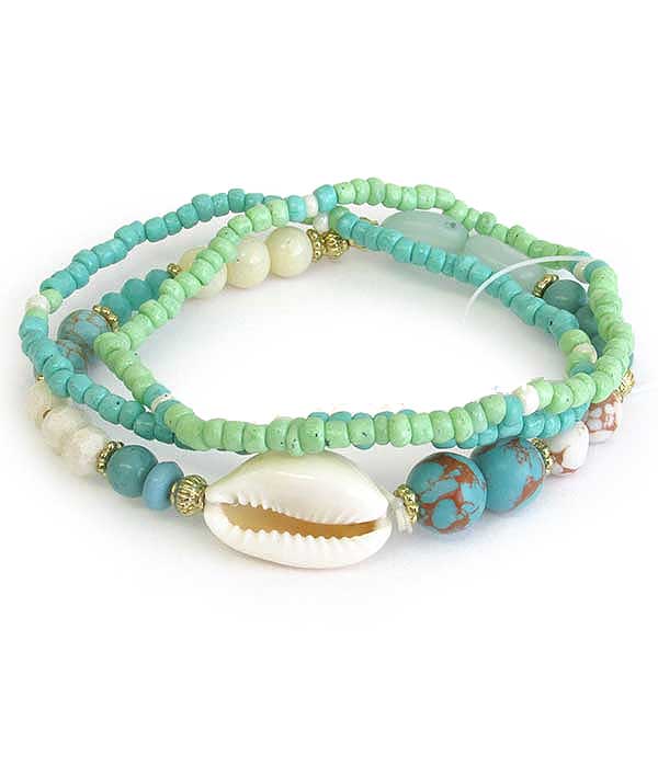 Multi seedbead and facet stone mix cowry shell 3 stretch bracelet set