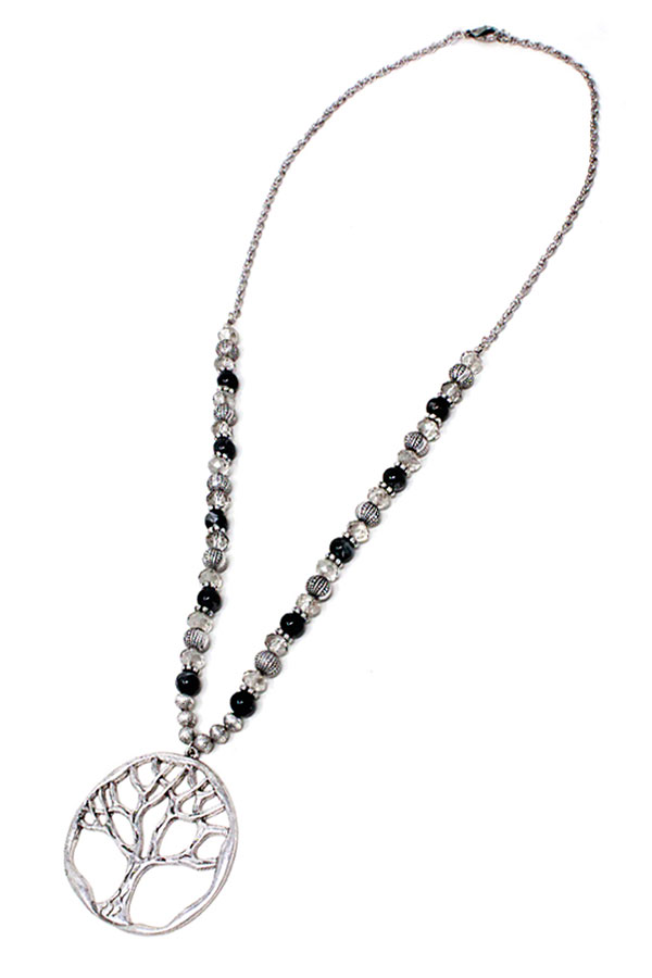Antique siliver tree of life pendant and semi precious bead necklace