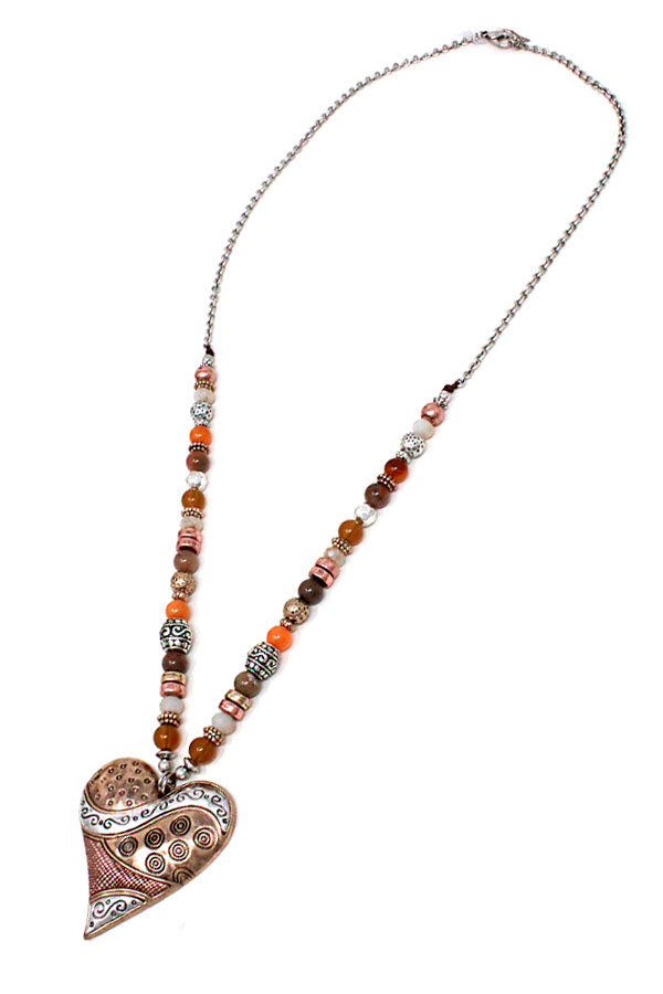 Vintage metal heart pendant and semi precious stone bead necklace