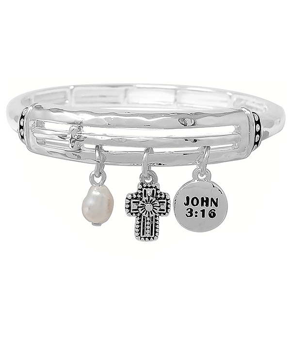 Religious inspired multi charm bangle bracelet - john 3:16