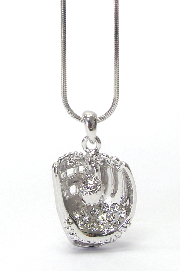 Made in korea whitegold plating crystal sports thme baseball glove pendant necklace