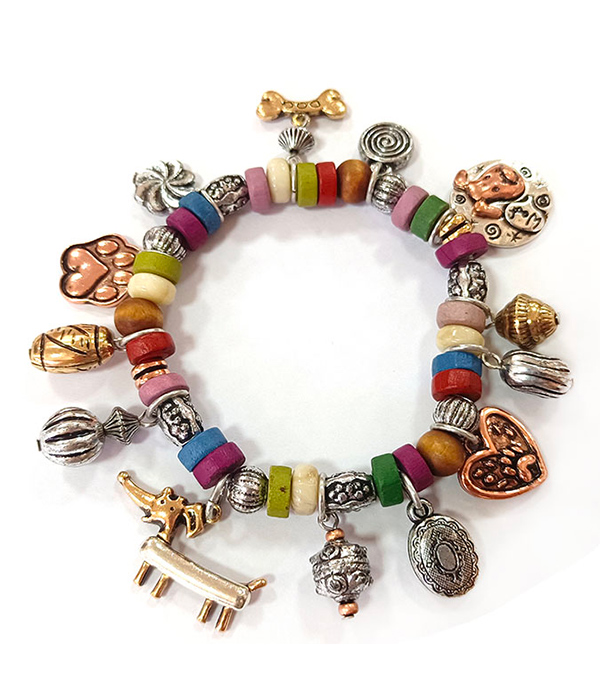 Vintage metal multi charm and bead mix stretch bracelet - dog