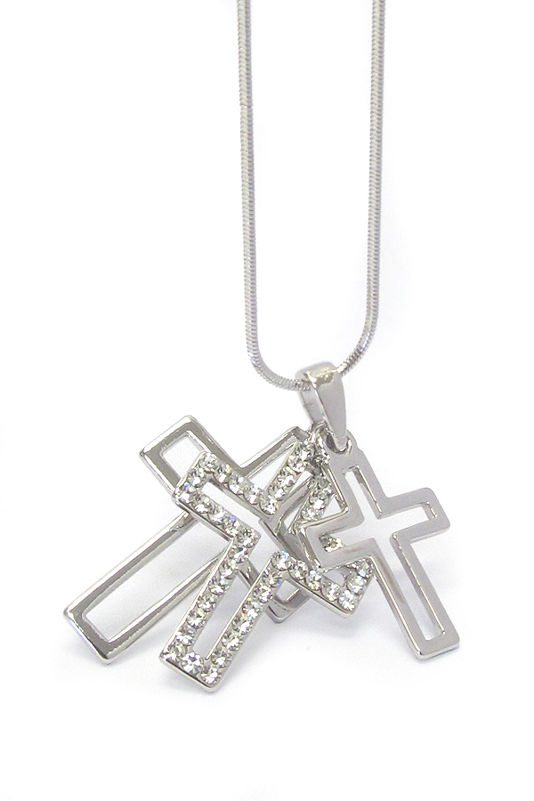 Made in korea whitegold plating triple crystal cross necklace