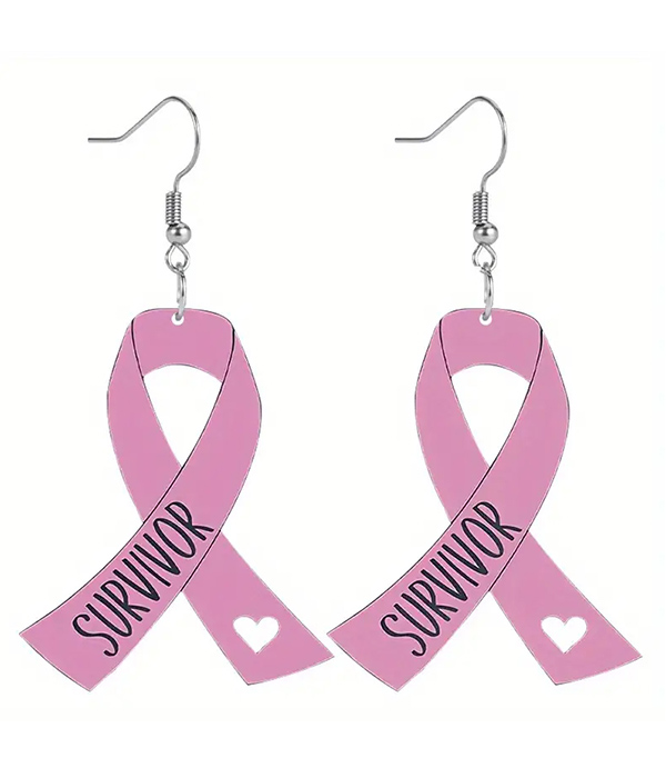 Breast cancer theme pink ribbon acrylic earring - survivor