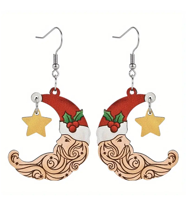 Christmas theme wood santa moon earring