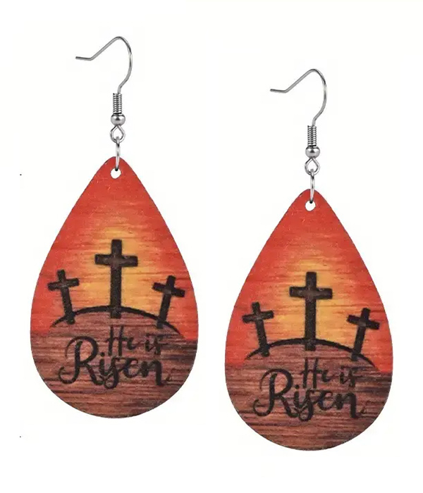 Religious inspiration wood teardrop earring - he is risen