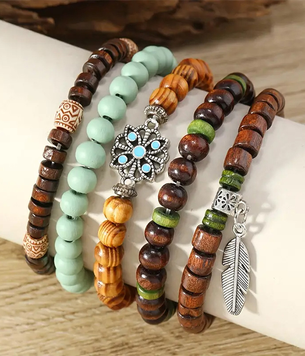 Multi wood bead mix 5 stretch bracelet set