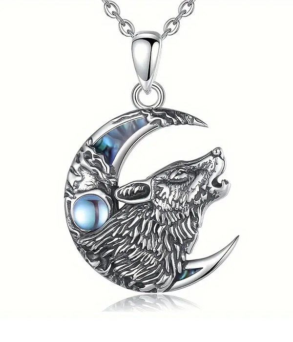 Wolf and crescent moon pendant necklace