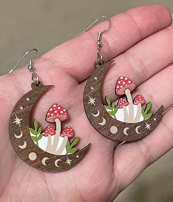 Crescent moon and mushroom wood earring