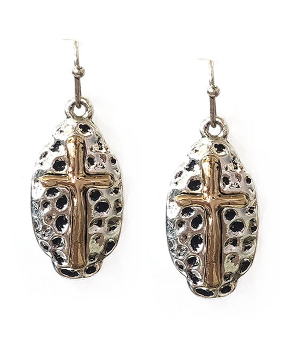 Vintage metal textured cross earring