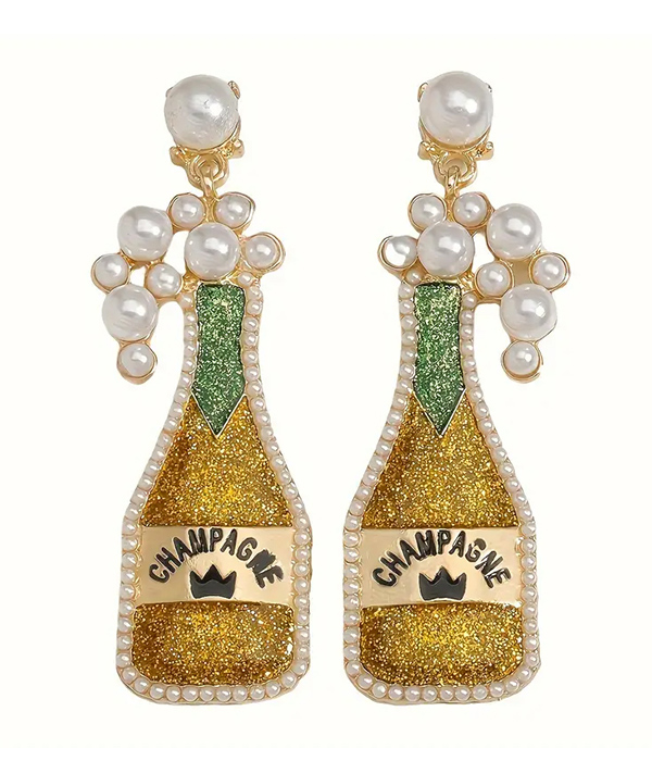 Pearl and rhinestone champagne bottle earring