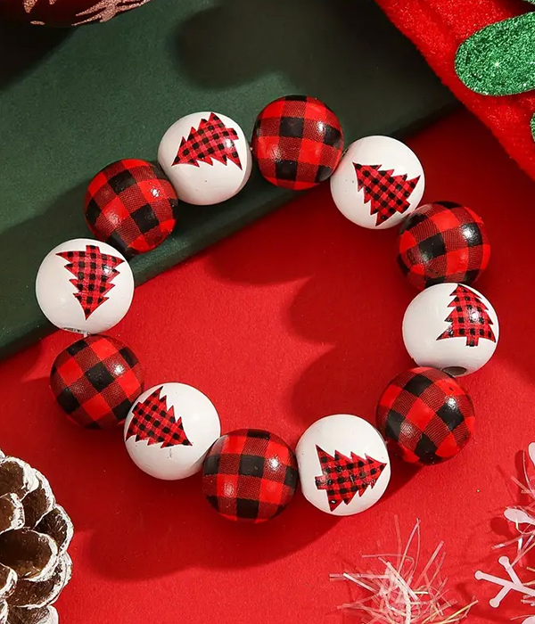 Christmas theme plaid pattern stretch wood bracelet - tree