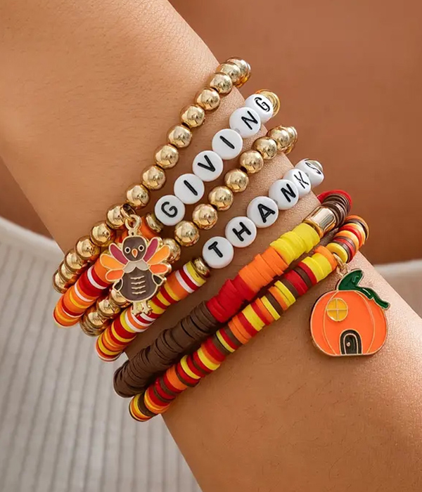 Thanksgiving theme 6 piece stretch bracelet set - pumpkin