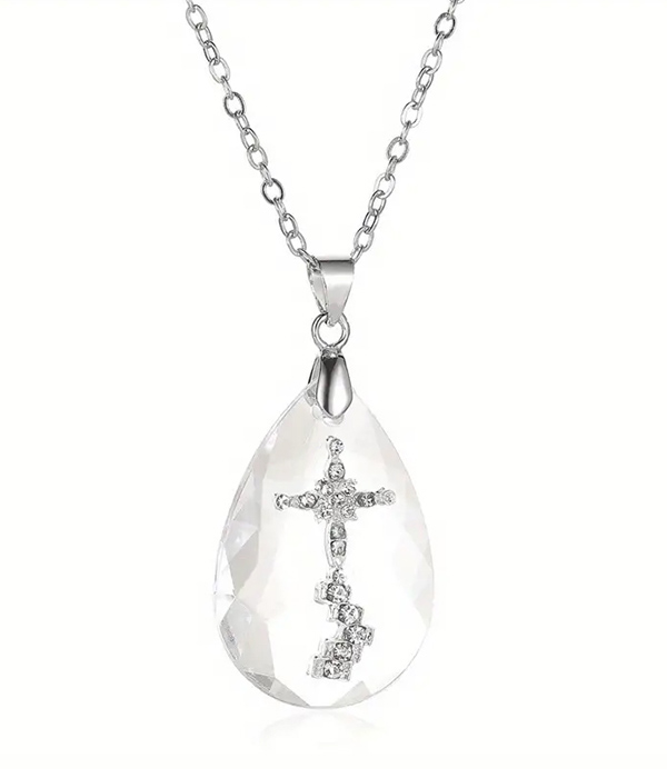 Cross in facet teardrop stone pendant necklace