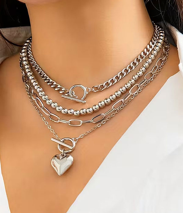 Heart pendant 4 chain necklace set