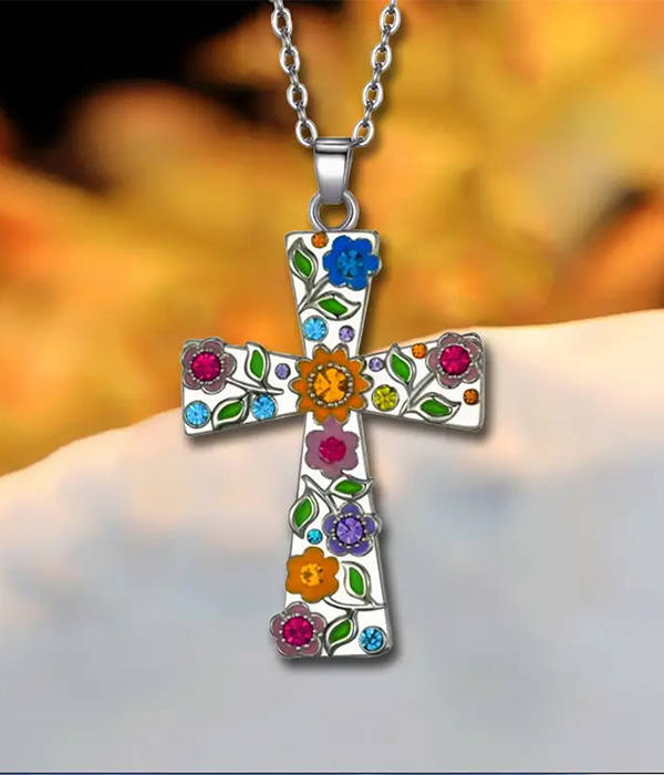 Flower print cross pendant necklace