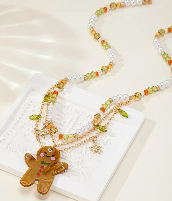 Christmas gingerbread pendant and multi seedbead chain necklace