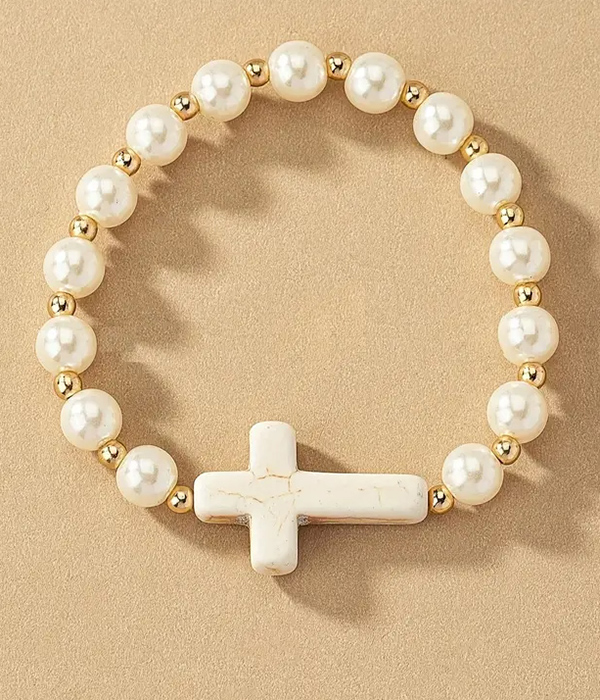 Natural stone cross and pearl stretch bracelet