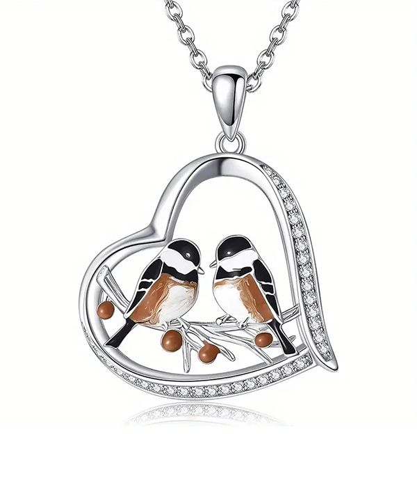 Bird couple and heart pendant necklace