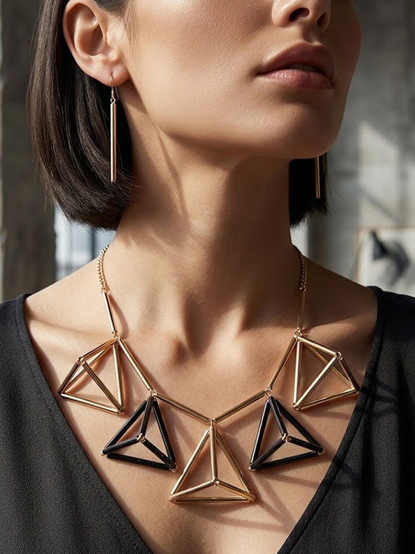 Multi conneted metal tubs pyramid motif drop statement necklace earring set