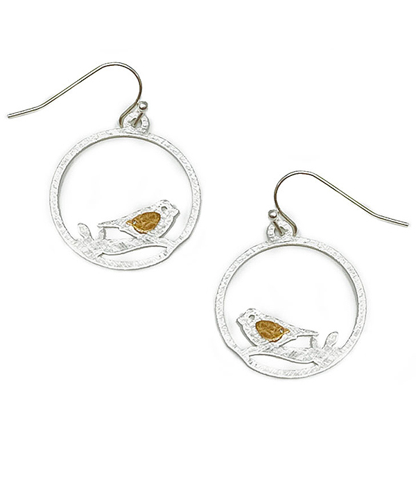 Scratch metal bird on branch hoop earring - brass metal
