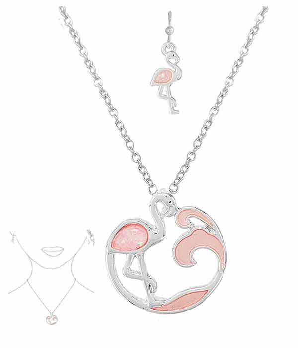 Sealife theme opal and epoxy pendant necklace set - flamingo wave