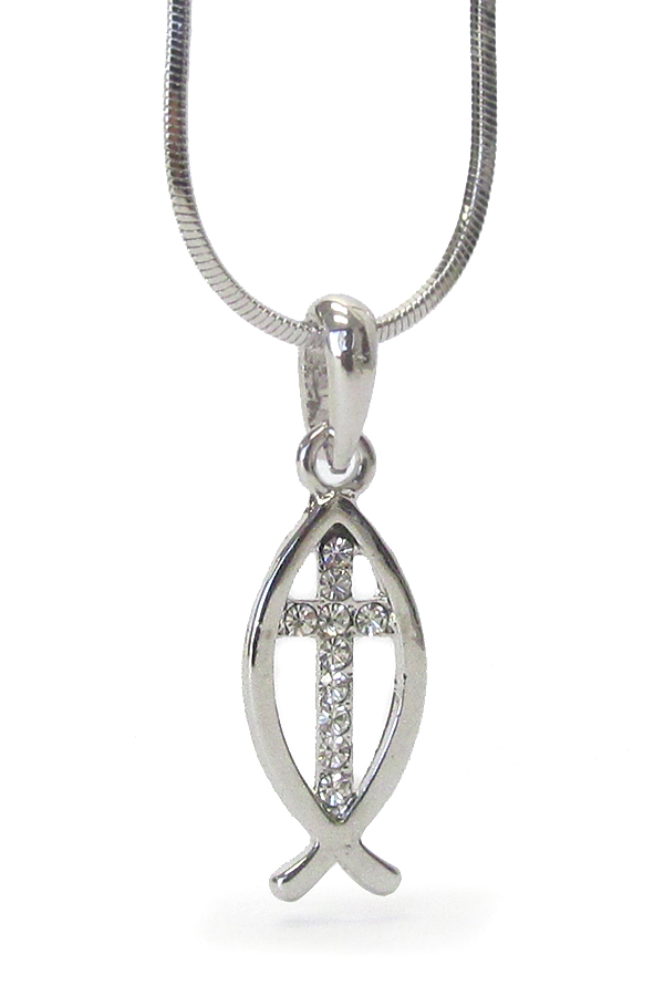 Made in korea whitegold plating crystal christian fish and cross pendant necklace