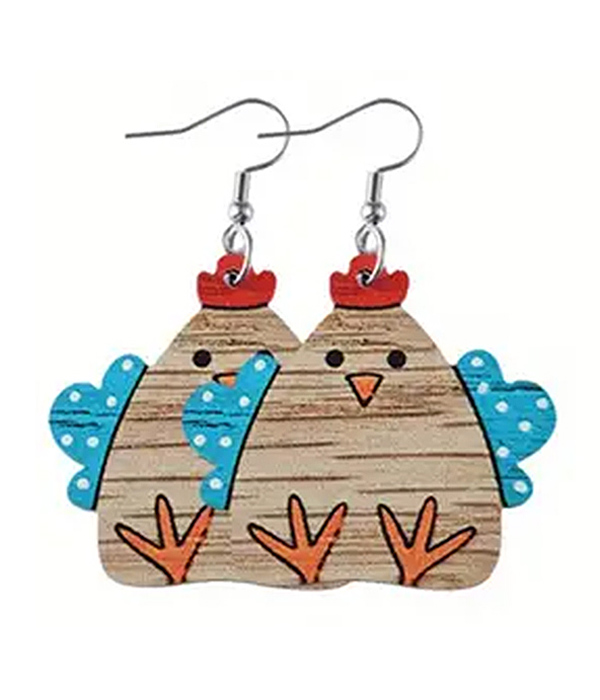 Farm theme wood chicken boots earring