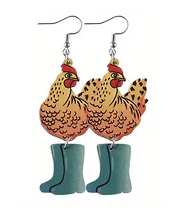 Farm theme wood chicken boots earring