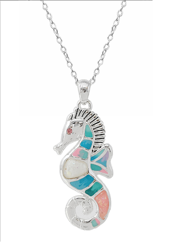 Sealife theme epoxy and opal necklace - seahorse